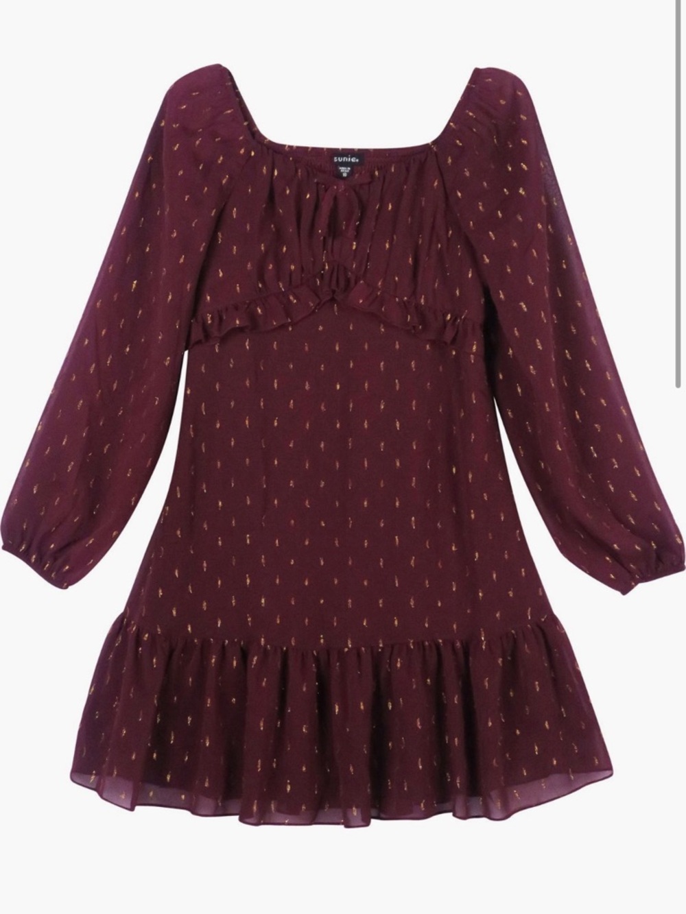 Zunie Emma Long Sleeve Metallic clip Dot dress girls size 12 burgundy and gold